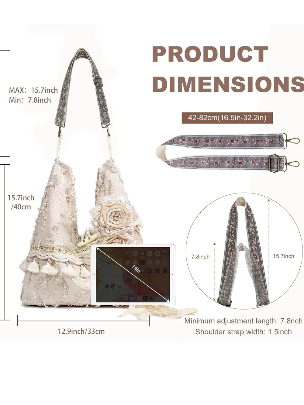 Cream Boho Floral Appliqué Hobo Bag